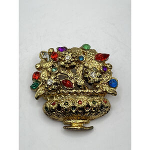 Vintage Novelty Flower Urn Gold-Toned with Multi-Colored Rhinestones Brooch Pin